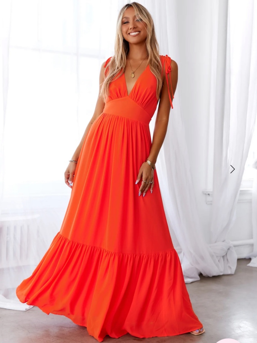 Hello Molly Bright Orange/Red V-Neck Tie-Shoulder Maxi Dress